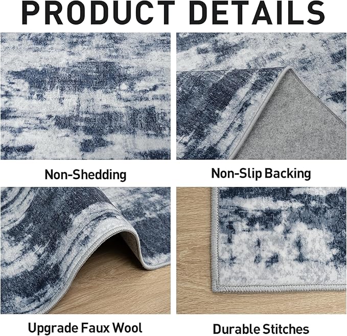 8x10 Area Rugs Washable Rug: Modern Abstract Living Room Rug Soft Anti-Skid Thin Carpet Indoor Floor Non-Shedding Carpets for Bedroom Dining Room Farmhouse Nursery Home Office Blue Grey