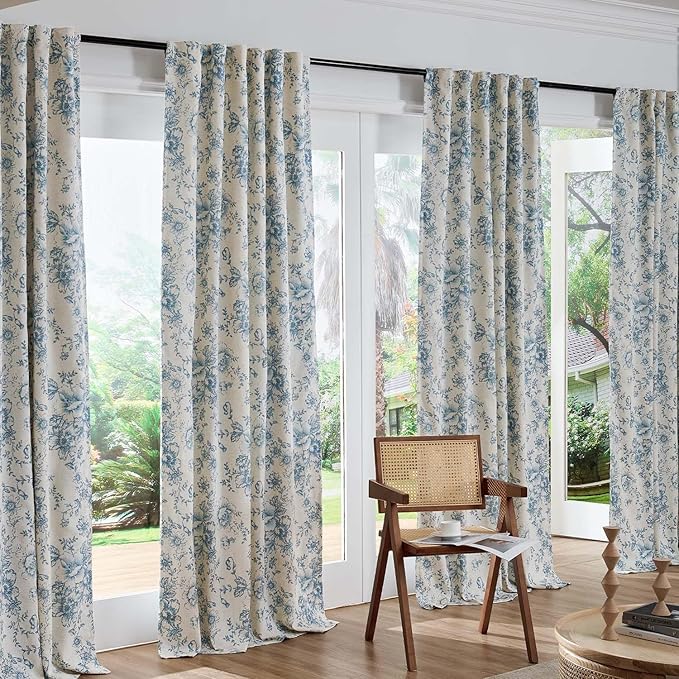 jinchan Blackout Floral Curtains for Living Room Bedroom Linen Blend Curtain Farmhouse Blue Printed with Lined Back Tab Rod Pocket Drapes Window Treatments 2 Panels 63 Inch