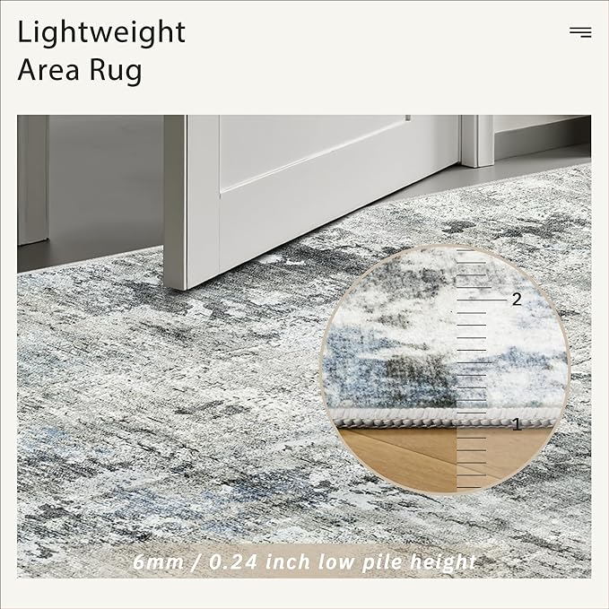 6x9 Abstract Area Rugs for Living Room 6 x 9 Washable Non Slip Low Pile Gray Rugs for Bedroom Dining Room Foldable Thin Gray Blue