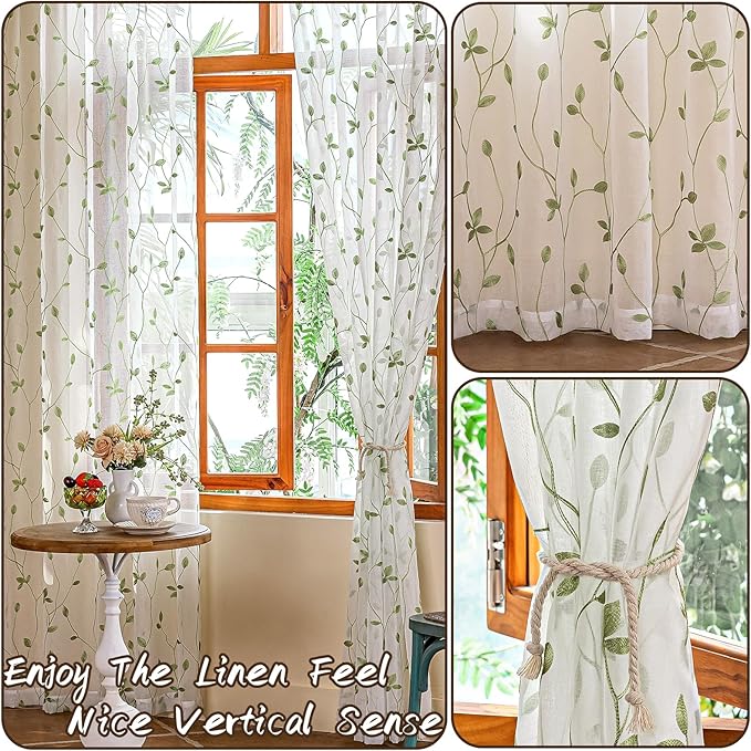 AmHoo 2 Panels Embroidered Leaf Pattern Semi Sheer Curtains Foliage Floral Voile Window Draperies Treatment for Bedroom Living Room Rod Pocket White Light Green 53 x 84 Inch
