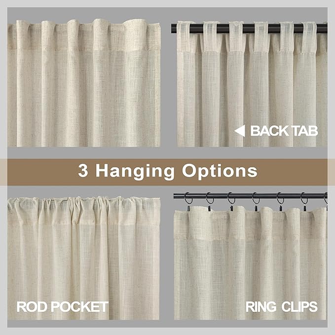 102 Inch Linen Curtains for Living Room Dinning 2 Panels Back Tab Pocket Light Filtering Burlap Farmhouse Large Window Drape Flax Linen Beige Tan Curtain 102 Inches Long for Sliding Glass Door Bedroom