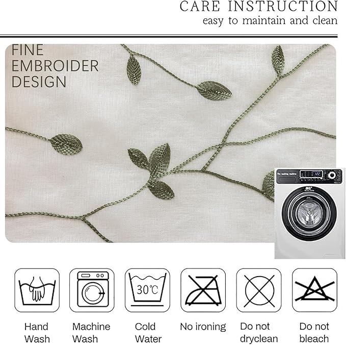 AmHoo 2 Panels Embroidered Leaf Pattern Semi Sheer Curtains Foliage Floral Voile Window Draperies Treatment for Bedroom Living Room Rod Pocket White Sage Green 53 x 95 Inch