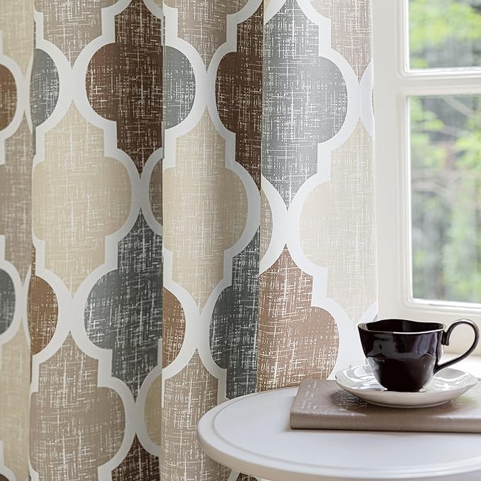 Beauoop 100% Blackout Curtains 63 Inches Long 2 Panels for Bedroom Living Room Brown Grey Moroccan Geo Room Darkening Thermal Insulated Soundproof Grommet Top Window Treatments Drapes, 50x63 Set of 2