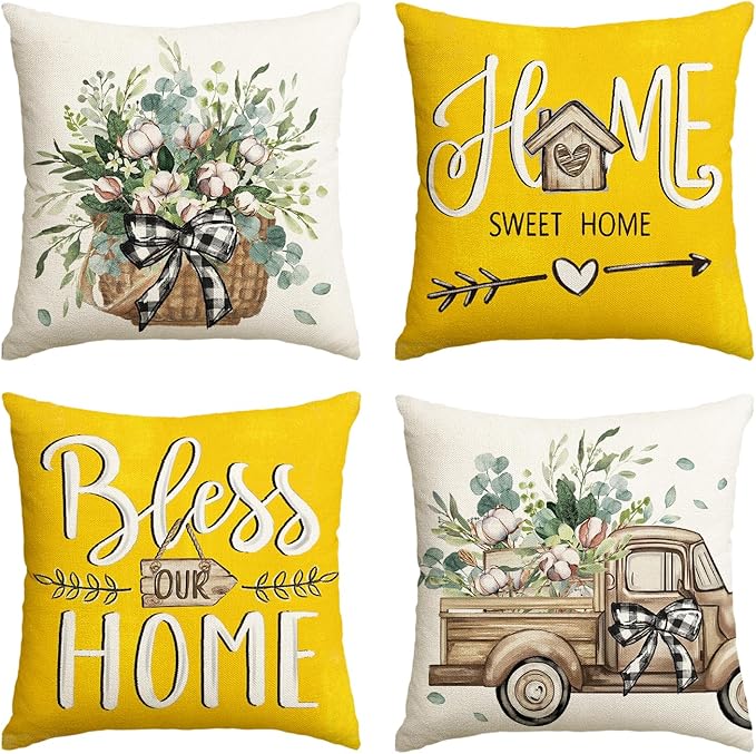 AVOIN colorlife Bless Our Home Farmhouse Eucalyptus Leaves Throw Pillow Covers, 16 x 16 Inch Yellow Truck Home Sweet Cushion Case Decorations Set of 4