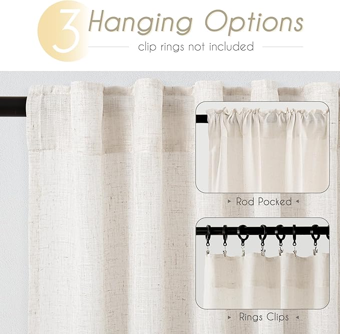 2 Panels Set Cream Linen Curtains 132 inches Long For Living Room Neutral Farmhouse Light Filtering Semi Sheer Linen Drapes 132 inch Ceiling To Floor For Large Window Villa Hallway Ivory FT 60x132