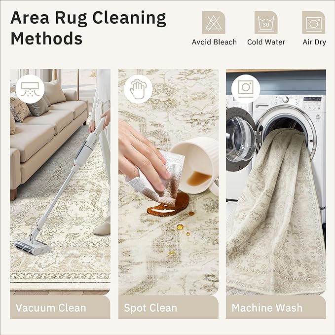 3x5 Rug, Small Area Rug for Kitchen, Entryway, Machine Washable Non-Slip Throw Rug, Vintage Carpet for Nursery Coffee Table Beige/Brown