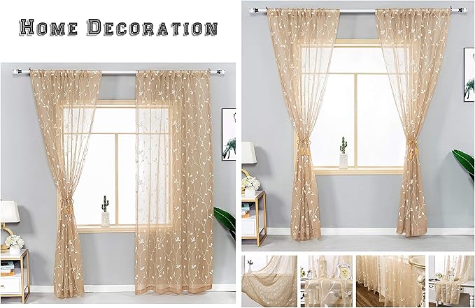 AmHoo 2 Panels Embroidered Leaf Pattern Semi Sheer Curtains Foliage Floral Voile Window Draperies Treatment for Bedroom Living Room Rod Pocket Beige 53 x 95 Inch