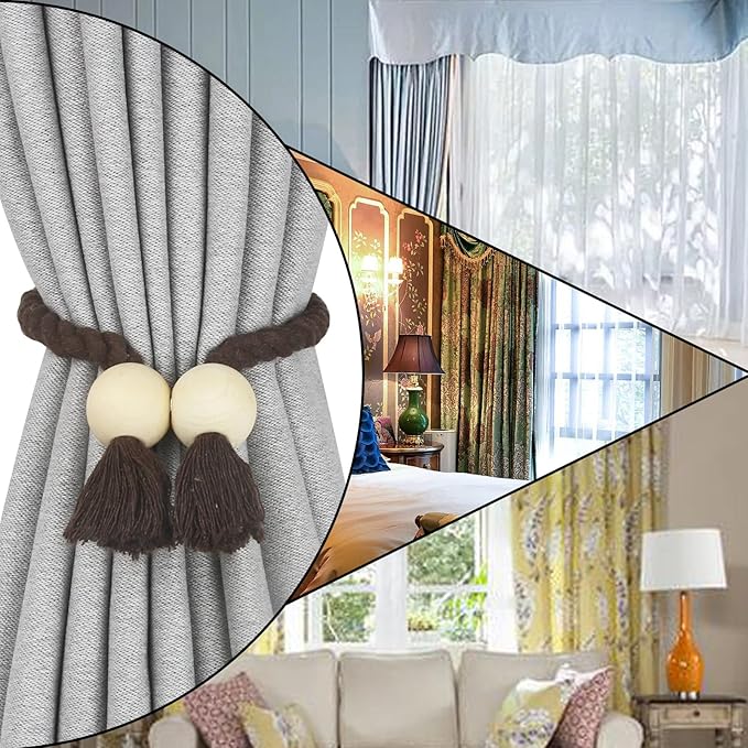 4 Pack Magnetic Curtain Tiebacks Cotton Hand Woven Tie Back Decorative Rope Holdbacks for Curtains Draperies No Tools Required, Coffee