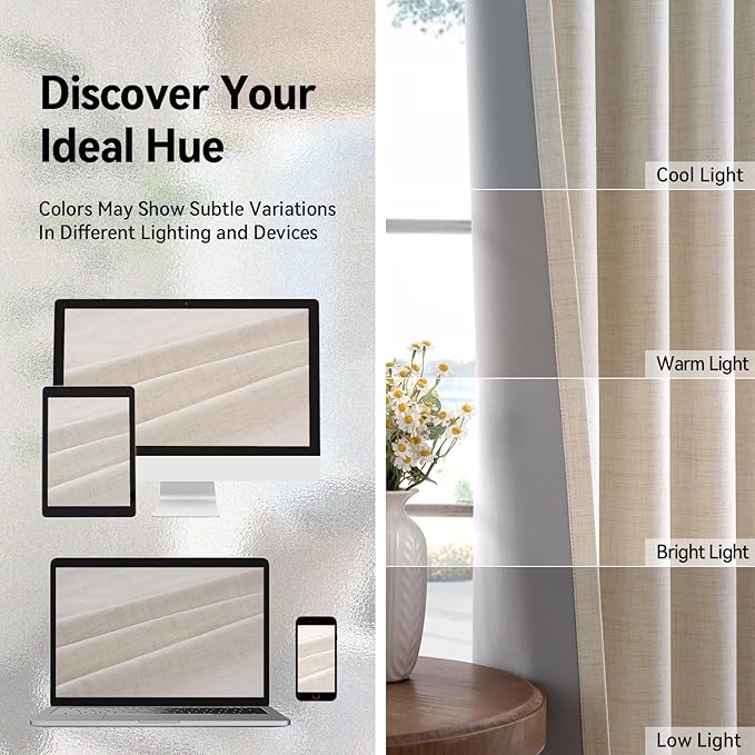 100% Blackout Shield Linen Blackout Curtains for Bedroom, Butter Cream Grommet Curtains for Living Room, Thermal Insulated Room Darkening Drapes for Nursery, Boho Home Decor, 50" W x 72" L, 2 Panels