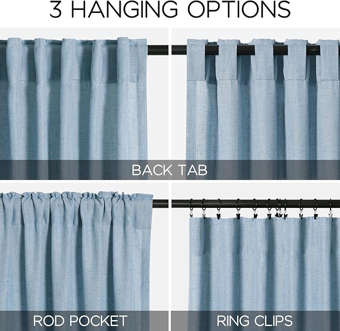 2 Panels Set Blue Linen Curtains 126 Inches Long for Living Room Extra Long Back Tab Curtain Neutral Farmhouse Light Filtering Semi Sheer Linen Drapes Ceiling to Floor for Large Window 52x126