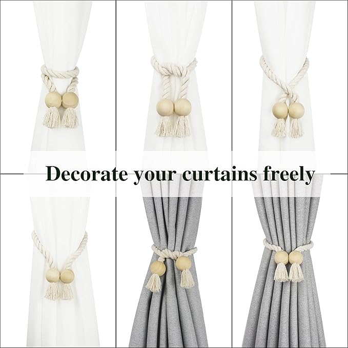 2 Pack Magnetic Curtain Tiebacks Cotton Hand Woven Tie Back Decorative Rope Holdbacks for Curtains Draperies No Tools Required, Beige