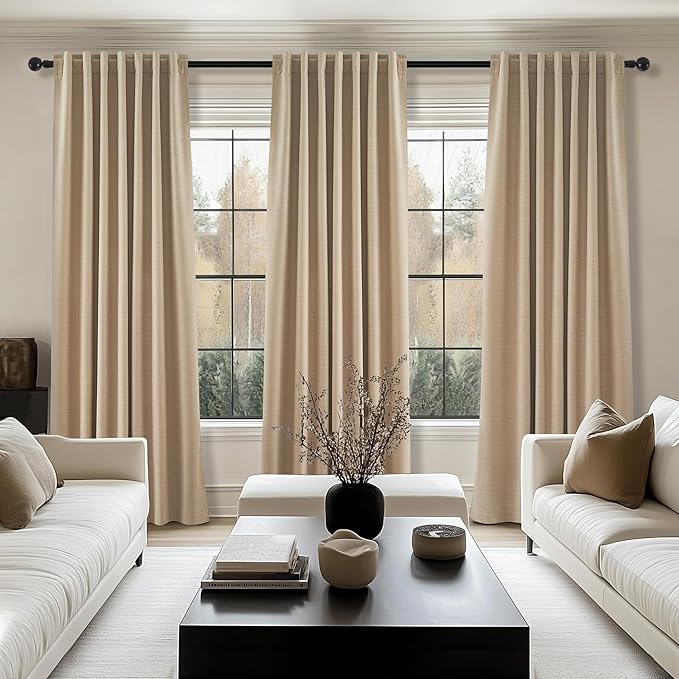 102 Inch Long Blackout Curtains for 2 Panels,Energy Efficinet Room Darkening Linen Blend Textured Curtains with Hooks,Track System Black Out Curtains for Living Room Bedroom,2 Panels, Tan Taupe