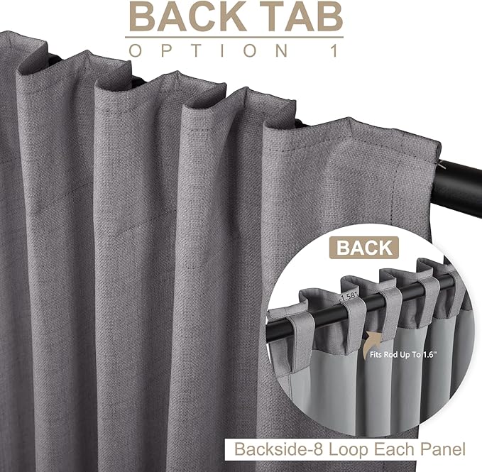 100% Blackout Shield Linen Blackout Curtains for Bedroom 96 Inches Long, Back Tab/Rod Pocket Living Room Drapes, Thermal Insulated Blackout Curtains 2 Panels Set, 50" W x 96" L, Darkgray