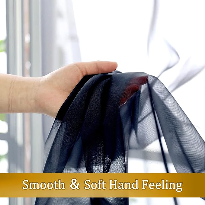Aiyufneg Navy Blue Sheer Curtains 36 inches Long, Short Kitchen Window Treatment Solid Sheers Cafe Curtains Bathroom Voile Half Window Curtains 2 Panels, Rod Pocket, 40" Wx36 L