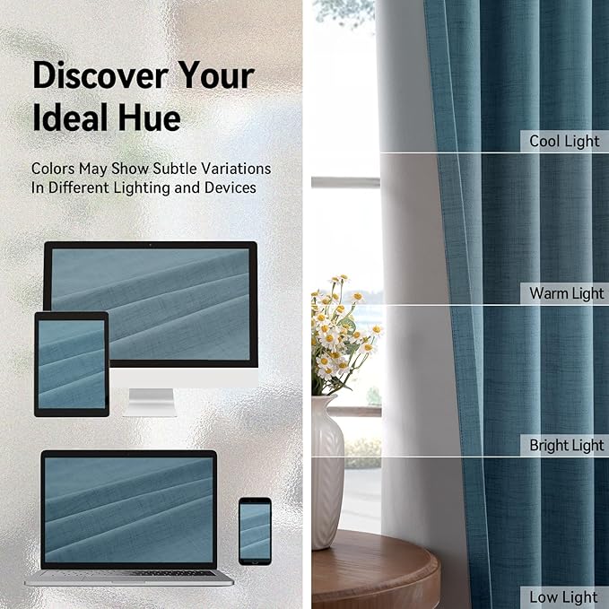 100% Blackout Shield Linen Blackout Curtains for Bedroom, Stone Blue Grommet Curtains for Living Room, Thermal Insulated Room Darkening Drapes for Nursery, Boho Home Decor, 50" W x 84" L, 2 Panels