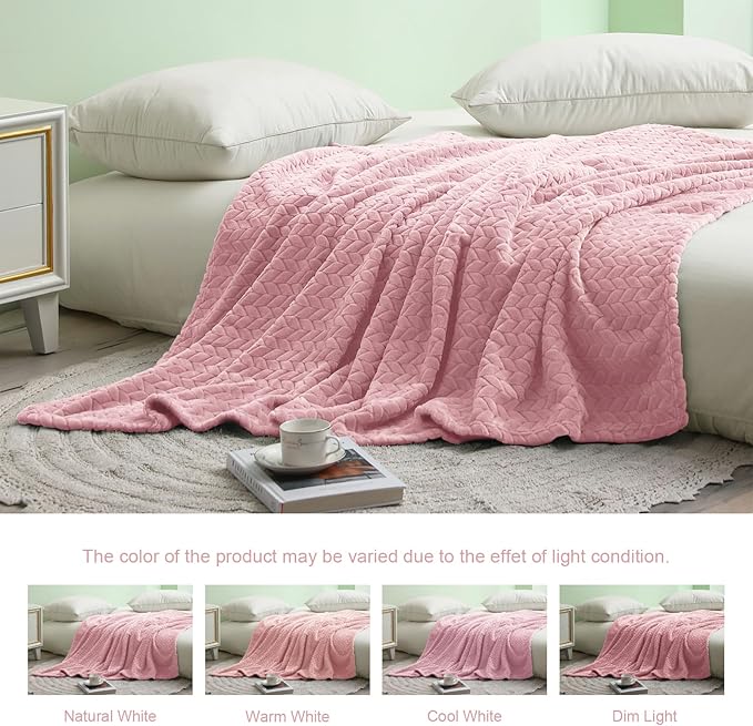 Exclusivo Mezcla Fleece Twin Size Blanket for Bed, 90x66 Inches Soft Cozy Jacquard Flannel Blankets, Lightweight Fuzzy Plush Warm for Women, Pink