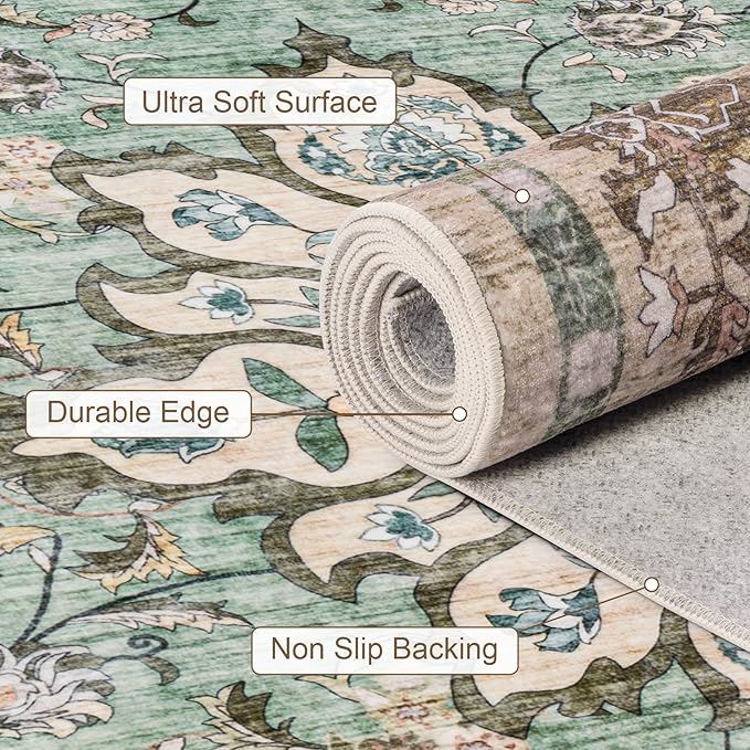 3x5 Area Rugs Living Room Rug: Washable Vintage Distressed Floral Rug No Slip Stain Resistant Soft Carpet Indoor Floor Large Carpets for Bedroom Dining Room Farmhouse Nursery Home Office Brown Green