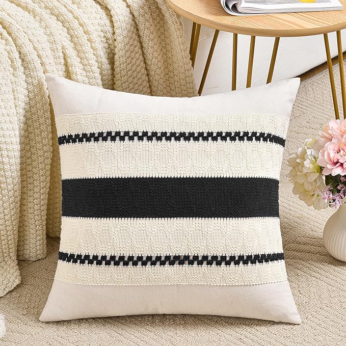 Fancy Homi Set of 1 Boho Black Decorative Throw Pillow Cover 16x16 Inch for Couch Bed Sofa, Aesthetic Modern Organic Farmhouse Home Decor, Soft Cotton Cute Accent Macrame Woven Cushion Case