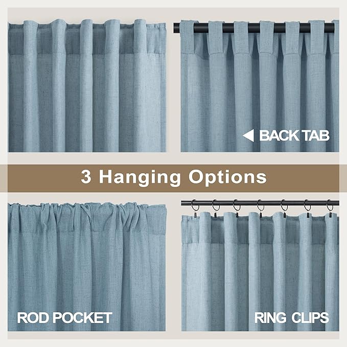 60 Inch Wide Blue Linen Curtains for Bedroom Light Reducing Sheer Large Window Curtain Panel Set of 2 Total Width 120 x 96 Inch Long 5x8 FT Length Back Tab Pocket Chambray Blue Country Farmhouse Decor