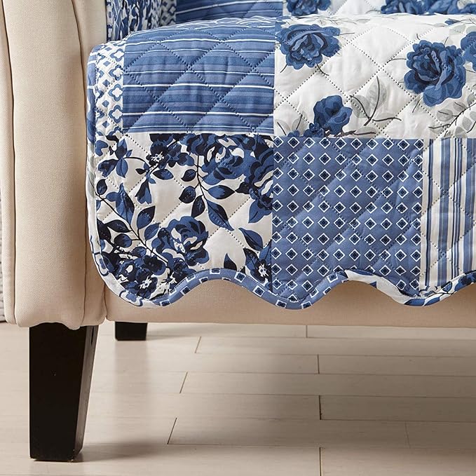 Great Bay Home Reversible Patchwork Chair Cover - Washable Slipcover Furniture Protector with Elastic Straps - Perfect for Kids & Pets - Box-Stitched Detail (Navy)