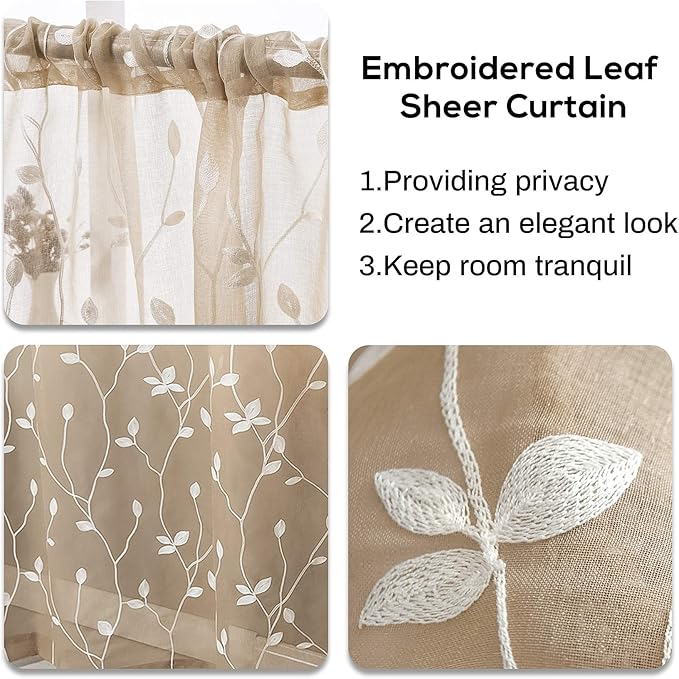 AmHoo 2 Panels Embroidered Leaf Pattern Semi Sheer Curtains Foliage Floral Voile Window Draperies Treatment for Bedroom Living Room Rod Pocket Taupe 53 x 63 Inch