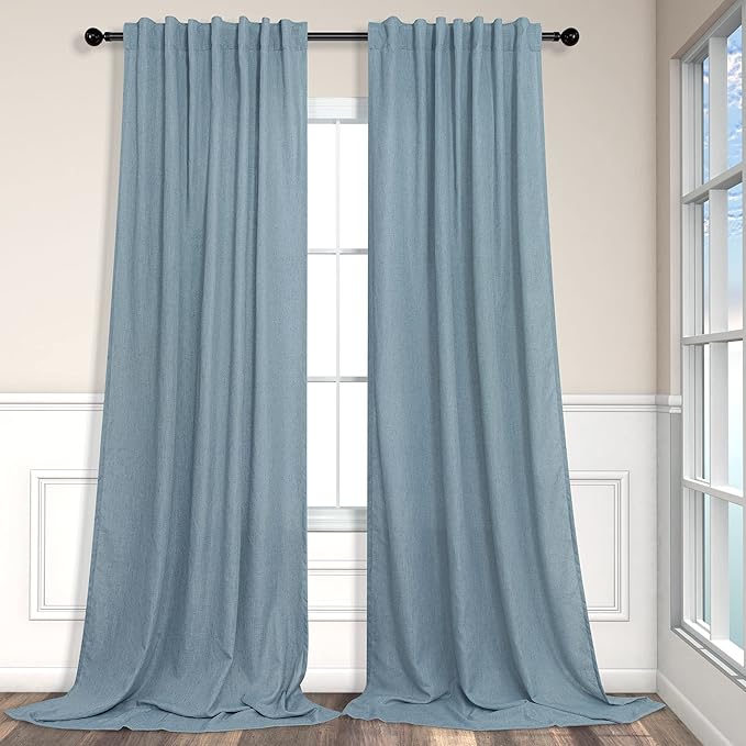 60 Inch Wide Blue Linen Curtains for Bedroom Light Reducing Sheer Large Window Curtain Panel Set of 2 Total Width 120 x 96 Inch Long 5x8 FT Length Back Tab Pocket Chambray Blue Country Farmhouse Decor