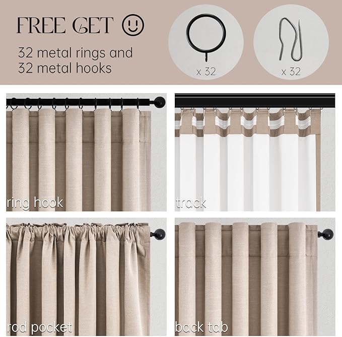 90 inch long linen Blackout curtains 2 Panels 100% Black out Linen texture Curtain Window Drapes with Back Tab Rod Pocket Light Blocking Thermal Insulated Curtains for Bedroom Living Room Beige