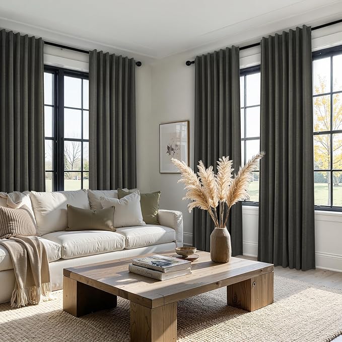 94 Inch Long Gray Blackout Curtains for Bedroom 2 Panels Set Modern Linen Blend Texture Back Tab Pleated Floor to Ceiling Thermal Drapes Hooks Rings Window Drapes Decor (W52 x L94 Charcoal Grey)