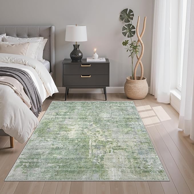 3x5 Rug, Abstract Small Area Rug for Kitchen, Entryway, Machine Washable Non-Slip Throw Rug, Vintage Carpet for Nursery Coffee Table Green Ivory