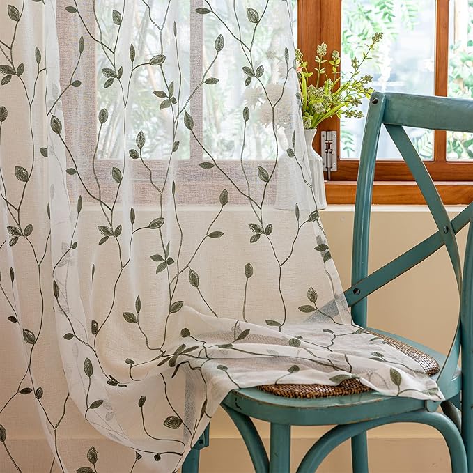AmHoo 2 Panels Embroidered Leaf Pattern Semi Sheer Curtains Foliage Floral Voile Window Draperies Treatment for Bedroom Living Room Rod Pocket White Sage Green 53 x 63 Inch