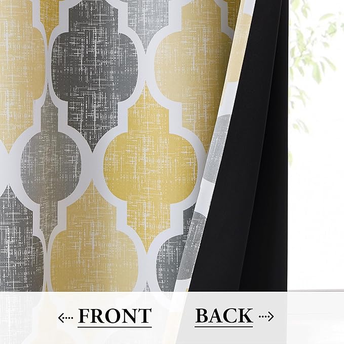 Beauoop 100% Blackout Curtains 108 Inches Long 2 Panels for Bedroom Living Room Yellow Grey Moroccan Geo Room Darkening Thermal Insulated Soundproof Grommet Top Window Treatments Drapes, 50x108x2