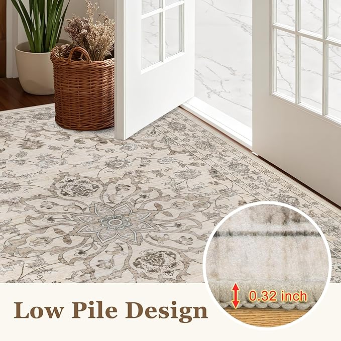 3x5 Area Rugs Living Room Rug: Washable Vintage Distressed Floral Rug No Slip Stain Resistant Soft Carpet Indoor Floor Large Carpets for Bedroom Dining Room Farmhouse Nursery Home Office Brown Beige