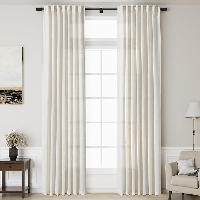 132 inch Curtains Extra Long 2 Panels Set Back Tab Neutral Farmhouse Drapes Light Filtering Semi Sheer Linen Curtain 132 inch Length for Floor to Ceiling Window Patio Sliding Door Ivory Cream 11ft