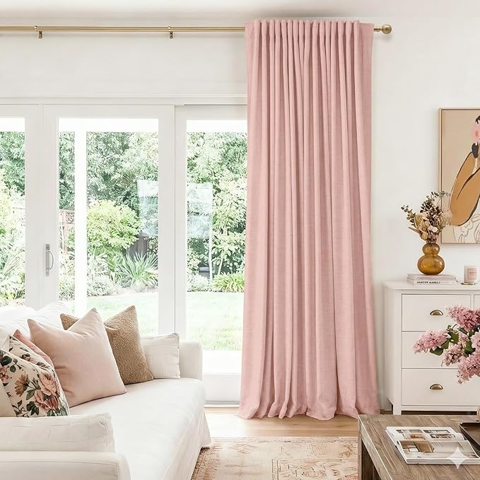 100% Blackout Shield Linen Blackout Curtains for Bedroom 90 Inches Long, Back Tab/Rod Pocket Living Room Drapes, Thermal Insulated Blackout Curtains 1 Panel Set, 100" W x 90" L, Blush Pink