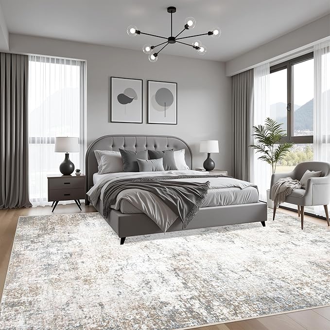 10x14 Area Rug Living Room Rug: Washable Modern Abstract Soft Thin Rug Indoor Floor No Slip Stain Resistant Carpet for Bedroom Dining Room Farmhouse Nursery Home Office - Brown Grey