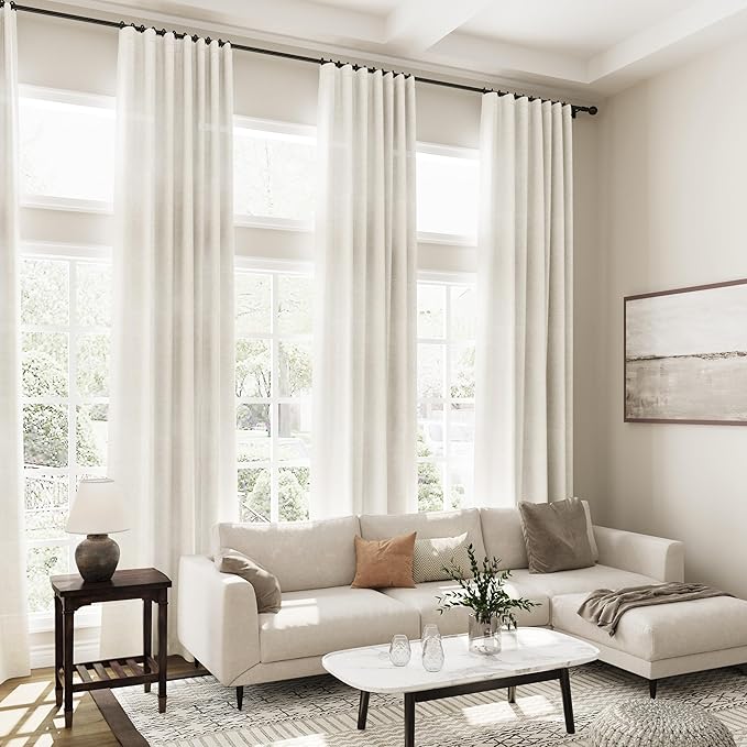 132 inch Curtains Extra Long 2 Panels Set Back Tab Neutral Farmhouse Drapes Light Filtering Semi Sheer Linen Curtain 132 inch Length for Floor to Ceiling Window Patio Sliding Door Ivory Cream 11ft