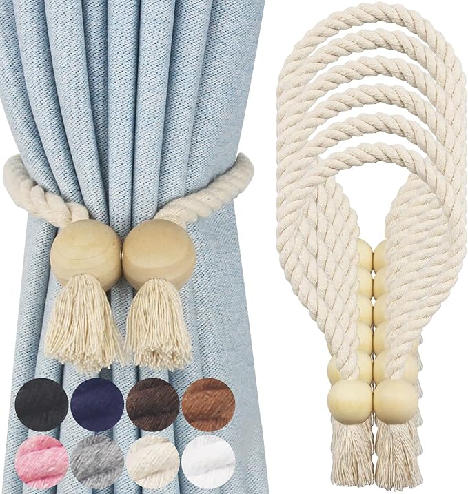 6 Pack Magnetic Curtain Tiebacks Cotton Hand Woven Tie Back Decorative Rope Holdbacks for Curtains Draperies No Tools Required, Beige