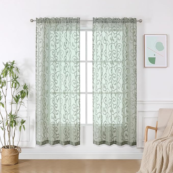 OWENIE Furman Sage Green Semi Sheer Curtains 72 inches Long for Bedroom Living Room 2 Panels Set, Light Filtering Door Curtains Elegant Clip Jacquard, Rod Pocket Window Treatments, 2 Pcs = 84" Width