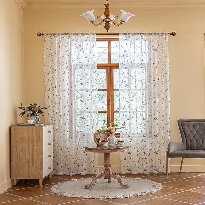 AmHoo 2 Panels Embroidered Leaf Pattern Semi Sheer Curtains Foliage Floral Voile Window Draperies Treatment for Bedroom Living Room Rod Pocket White Light Gray 53 x 63 Inch