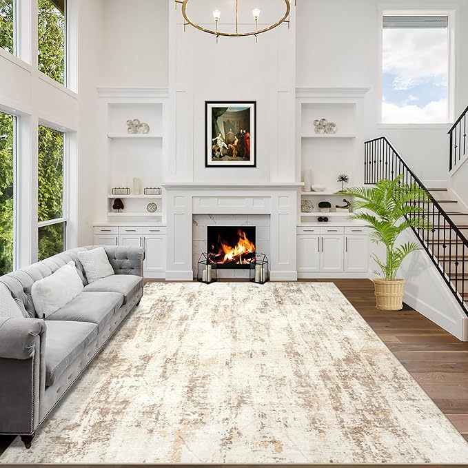 9x12 Area Rugs Washable Rug: Modern Abstract Living Room Rug Soft Anti-Skid Thin Carpet Indoor Floor Non-Shedding Carpets for Bedroom Dining Room Farmhouse Nursery Home Office Beige Grey