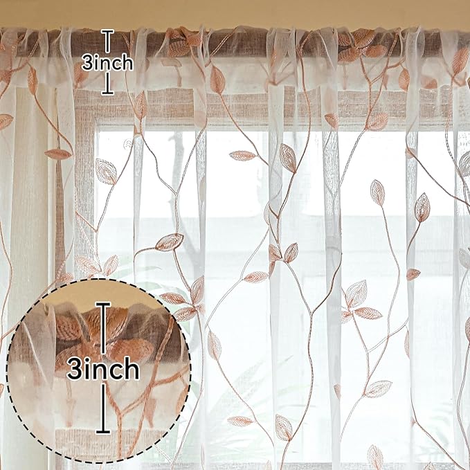 AmHoo 2 Panels Embroidered Leaf Pattern Semi Sheer Curtains Foliage Floral Voile Window Draperies Treatment for Bedroom Living Room Rod Pocket White Pink 53 x 95 Inch