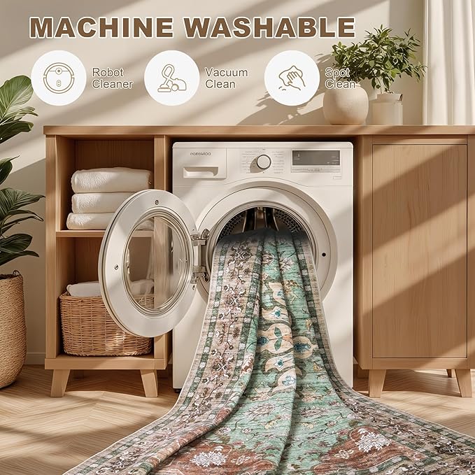 3x5 Area Rugs Living Room Rug: Washable Vintage Distressed Floral Rug No Slip Stain Resistant Soft Carpet Indoor Floor Large Carpets for Bedroom Dining Room Farmhouse Nursery Home Office Brown Green