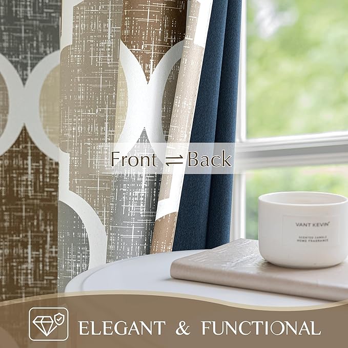 Beauoop 100% Blackout Curtains 84 Inches Long 2 Panels for Bedroom Living Room Brown Grey Moroccan Geo Room Darkening Thermal Insulated Soundproof Grommet Top Window Treatments Drapes, 50x84 Set of 2