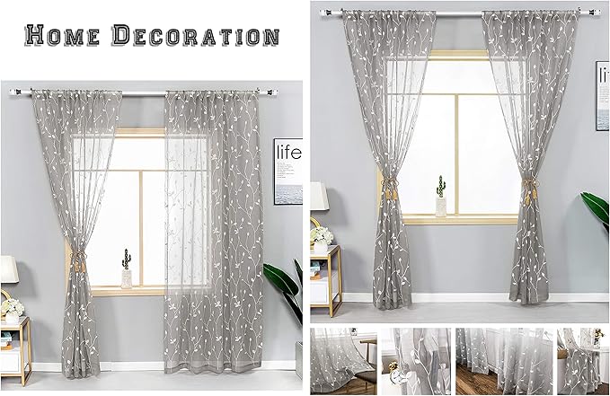 AmHoo 2 Panels Embroidered Leaf Pattern Semi Sheer Curtains Foliage Floral Voile Window Draperies Treatment for Bedroom Living Room Rod Pocket Light Gray 53 x 95 Inch