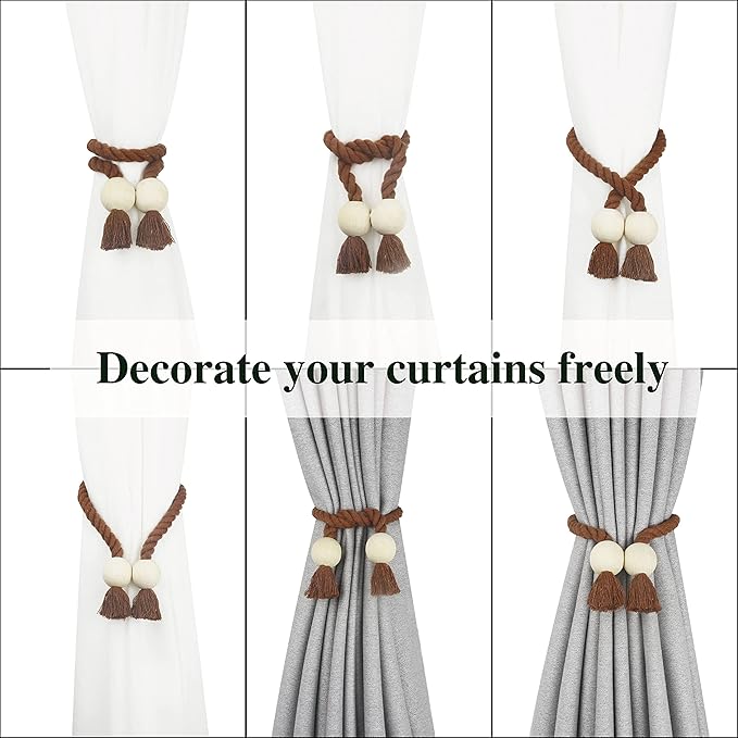2 Pack Magnetic Curtain Tiebacks Cotton Hand Woven Tie Back Decorative Rope Holdbacks for Curtains Draperies No Tools Required, Khaki