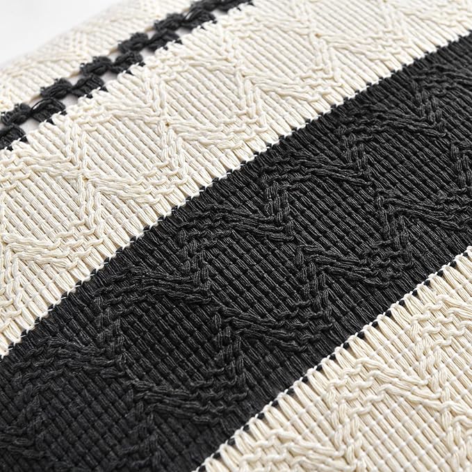 Fancy Homi Set of 1 Boho Black Decorative Throw Pillow Cover 16x16 Inch for Couch Bed Sofa, Aesthetic Modern Organic Farmhouse Home Decor, Soft Cotton Cute Accent Macrame Woven Cushion Case