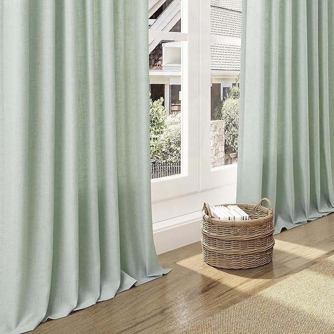 Aqua Green Linen Curtains 90 Inch Long 2 Panels Set for Bedroom Living Room Linen Textured Window Drapes Semi Sheer Light Filtering Rod Pocket Back Tab Cotton Textured Farmhouse Curtain 52x90