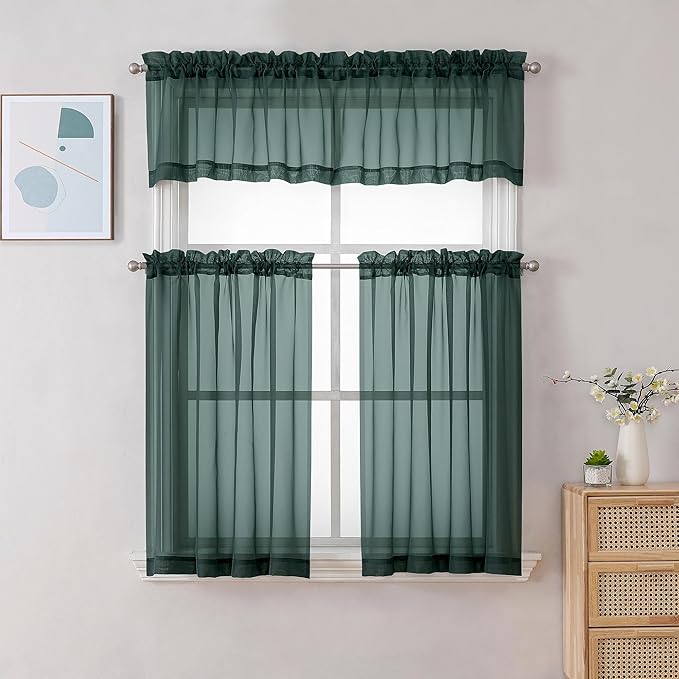 Gwine Hunter Green Sheer Curtain Tiers 24 Inch Length, Light Filtering Voile Short Curtain for Living Room Bedroom, Rod Pocket Cafe Curtains for Small Windows 42x24 Inch, 2PCS