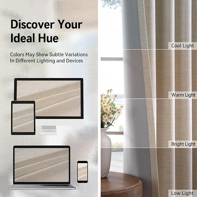 100% Blackout Shield Linen Blackout Curtains for Bedroom, Oatmeal Grommet Curtains for Living Room, Thermal Insulated Room Darkening Drapes for Nursery, Boho Home Decor, 50" W x 84" L, 2 Panels
