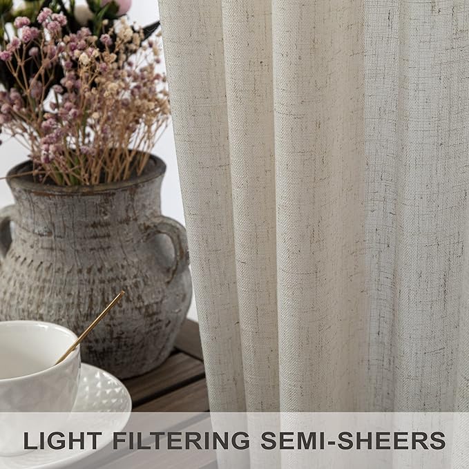 102 Inch Linen Curtains for Living Room Dinning 2 Panels Back Tab Pocket Light Filtering Burlap Farmhouse Large Window Drape Flax Linen Beige Tan Curtain 102 Inches Long for Sliding Glass Door Bedroom